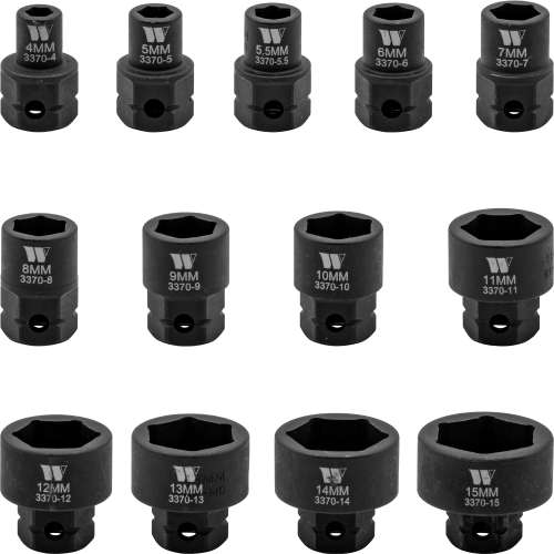 Welzh - Impact Sockets, 13-Piece Extra Stubby Hex Shanked 1/4''dr 4-15mm