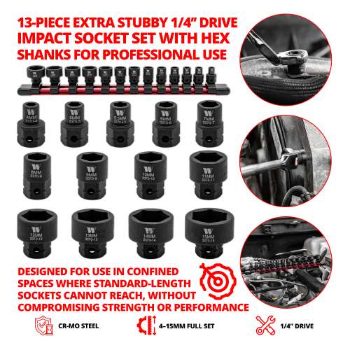 Welzh - Impact Sockets, 13-Piece Extra Stubby Hex Shanked 1/4''dr 4-15mm