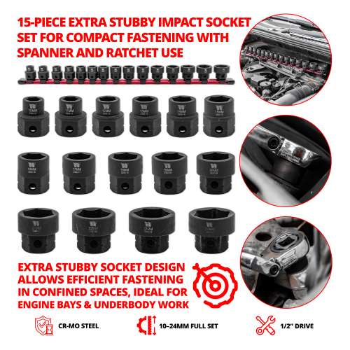 Welzh - Impact Sockets; 15-Piece Extra Stubby Hex Shanked 1/2&#39;&#39;dr 10-24mm