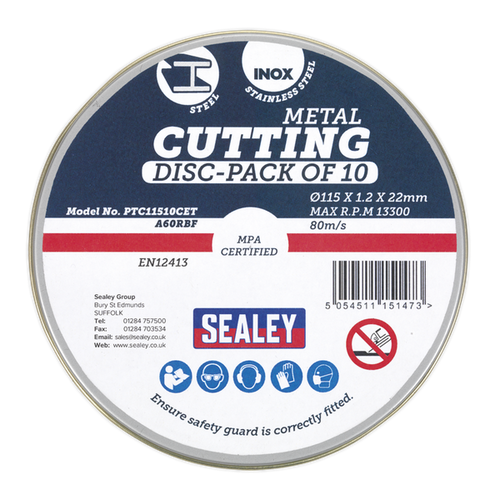 SEALEY CUTTING DISC 115 X 1.2MM 22MM BORE PACK OF 10 PTC11510CET